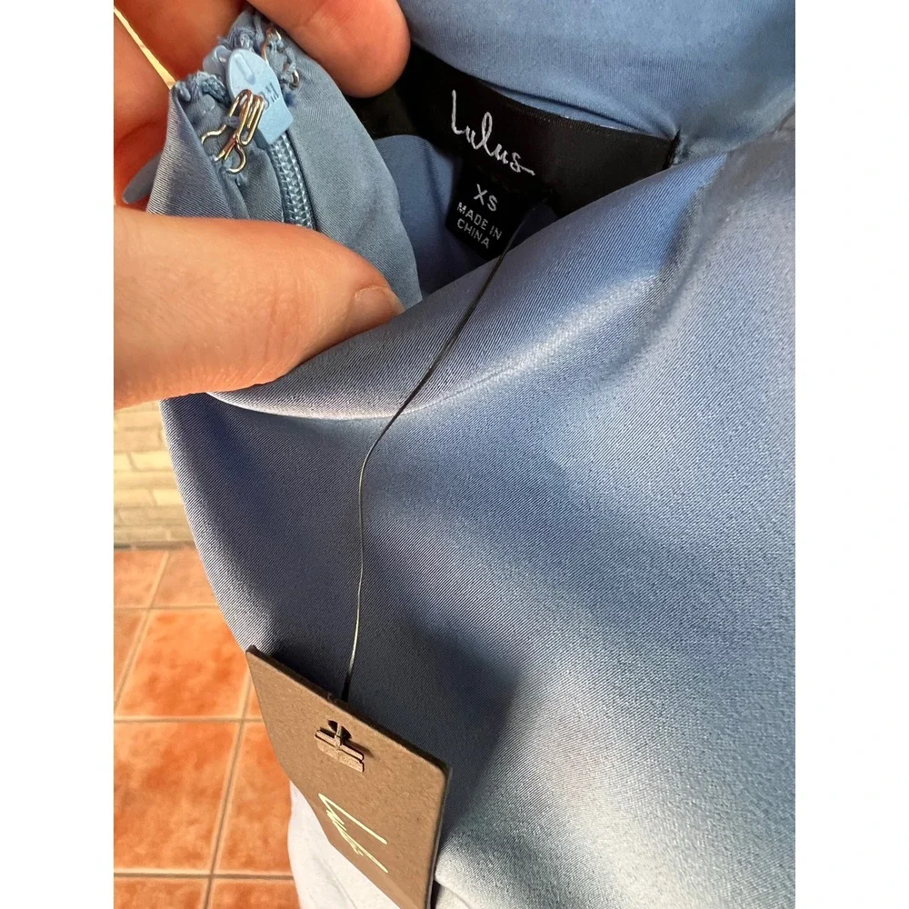 NWT Lulus Blue Satin Faux Wrap Mini Dress XS Party Cocktail Cross Back Straps - Picture 3 of 5